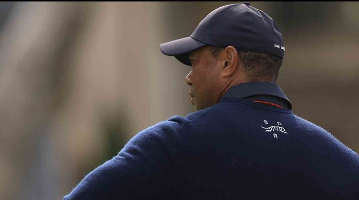 Tiger Woods waits to tee off during the second round of the 2024 Genesis Invitational at Riviera Country Club in Pacific Palisades, Calif.
